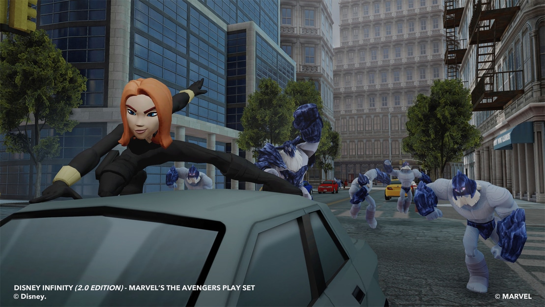 Black Widow riding the roof of a car