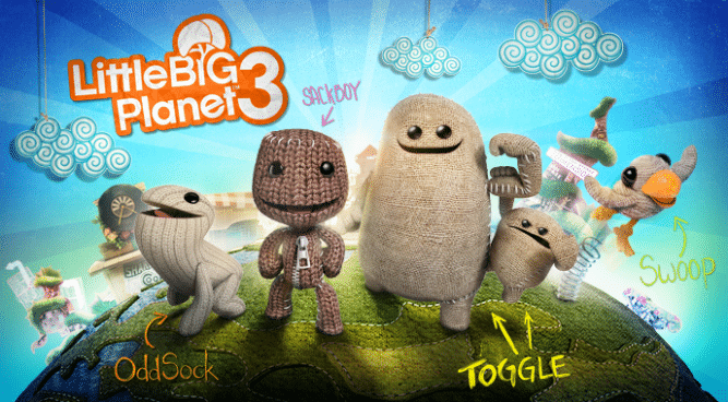 The new heroes of Little Big Planet 3! Oddsock, Sackboy, Toggle, and Swoop from left to right.