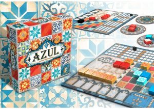 An imagine of the board game box and components for Azul from Plan B Games