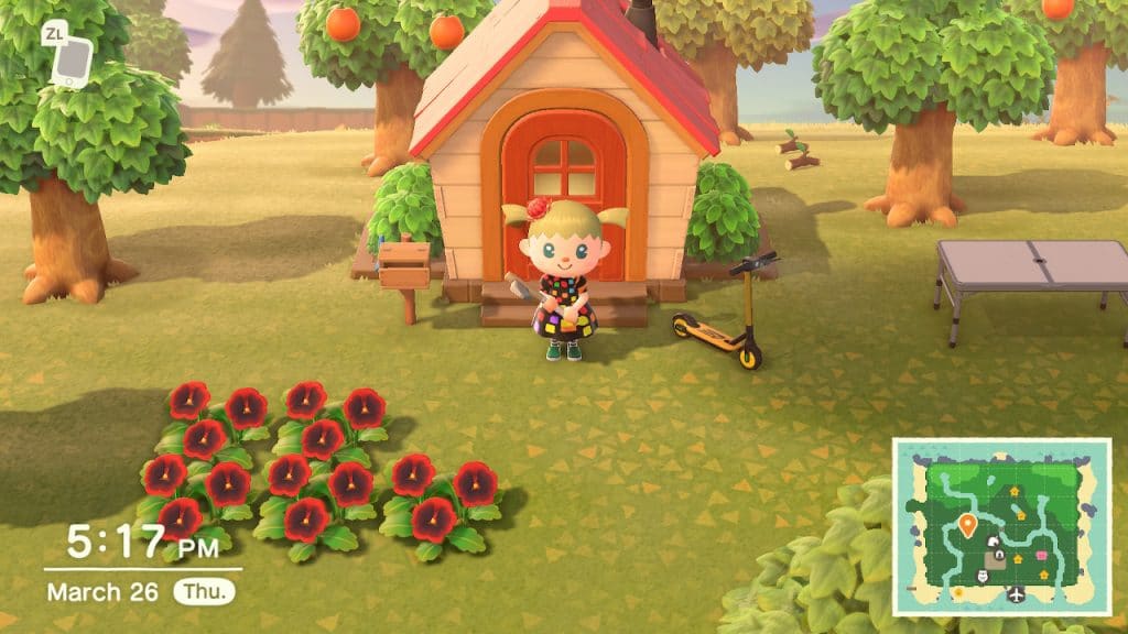 A picture of a player standing in front of their house in Animal Crossing New Horizons.