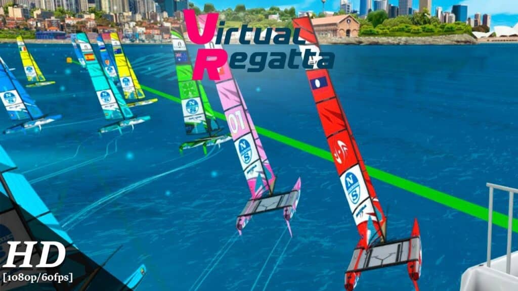 A screenshot of the Virtual Regatta video game. It shows a number of digitally animated sailboats.
