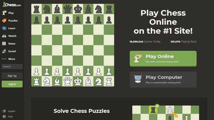 A screenshot of the chess.com website showing a digital chessboard with green and white squares. 