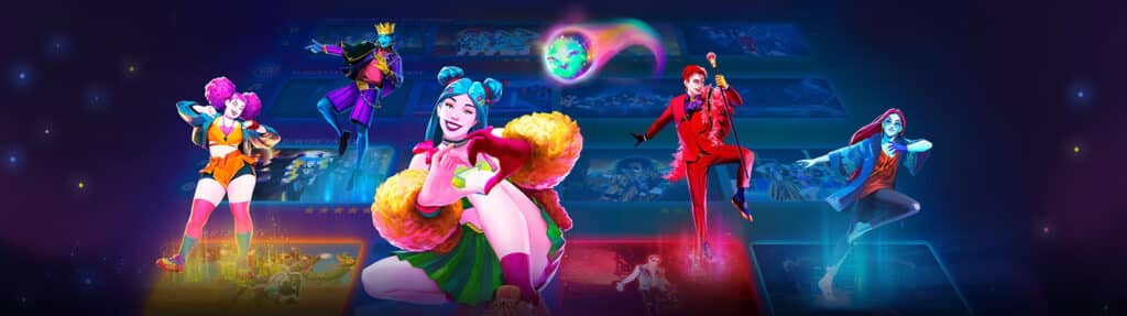 Promotional image of Just Dance 2023 that includes a woman (left, foreground) and a man (right, background) dancing!