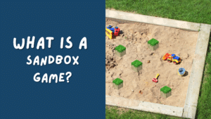 a sandbox with various toy trucks and sand toys as well as pixelated blocks scattered around