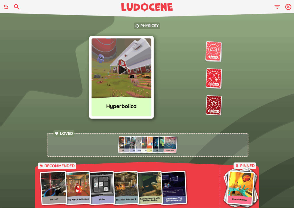 Screenshot of a game discovery page on "Ludocene" featuring the game Hyperbolica under the "Physicsy" category. The game card displays a surreal outdoor scene with warped terrain and a barn-like building. Below the main game, the "Loved" section includes a row of previously favorited games, and the "Recommended" section shows a lineup including Portal 2, The Art of Reflection, Slider, The Talos Principle 2, Getting Over It with Bennett Foddy, and Glitchhikers: The Spaces Between. On the right, the "Pinned" section highlights Stretchmancer with a thumbnail image. Three vertical red buttons on the right side allow access to Games, Experts, and Specials. The background color is a soft green tone.